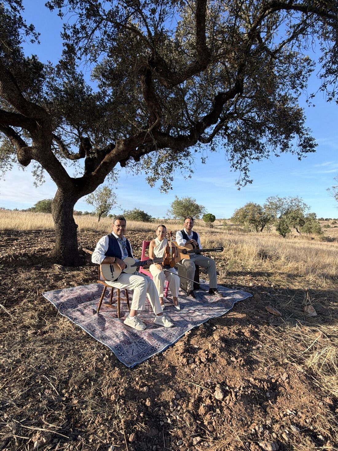 O trio sentado sobre um tapete, à sombra de uma azinheira