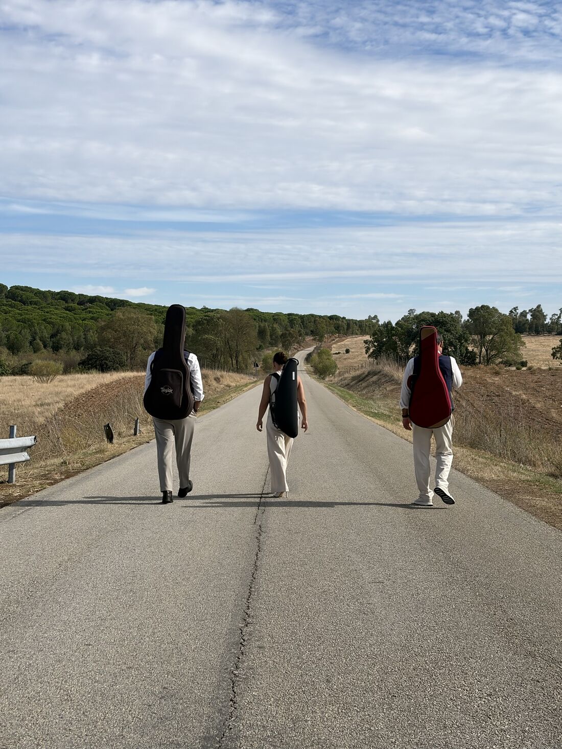 Os três músicos de costas, a caminhar pela estrada com os estojos